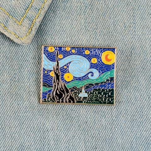 Βίντατζ Καρφίτσα Σμάλτου Van Gogh Έναστρη Νύχτα για Άνδρες Γυναίκες Καλλιτεχνικό Κράμα Ορθογώνιο Σακίδιο Ρούχα Διακοσμητικό Αξεσουάρ