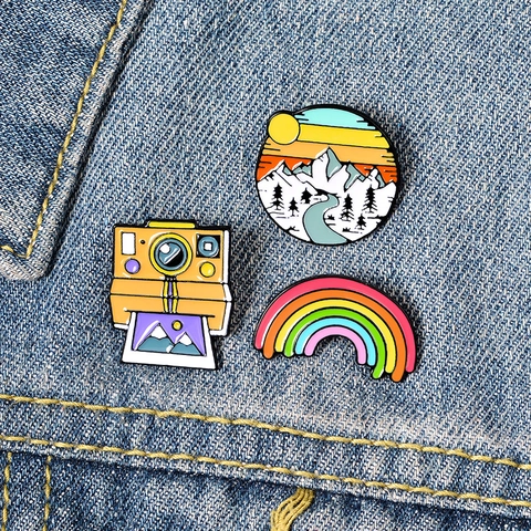 Cartoon Emaille Pin Badge Set Regenboog Camera Berg Landschap Brosche Legering Pin Voor Rugzak Hoeden Kleding Accessoires Cadeau