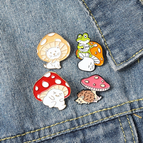 Süße Pilz Tier Legierung Emaille Brosche Pins Cartoon Katze Frosch Igel Emaille Pins Für Rucksack Kleidung Mode Pins Schmuck