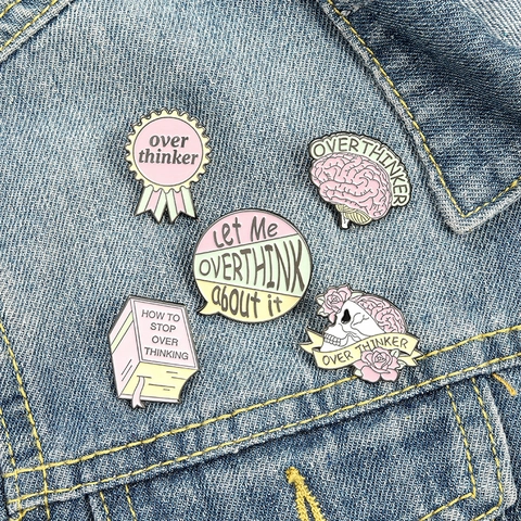 Creative Overthinker Slogan Alloy Brooch Enamel Pin Brain Skull Rose Book Shape Badge Macaron Color Fashion Jewelry For Women Men