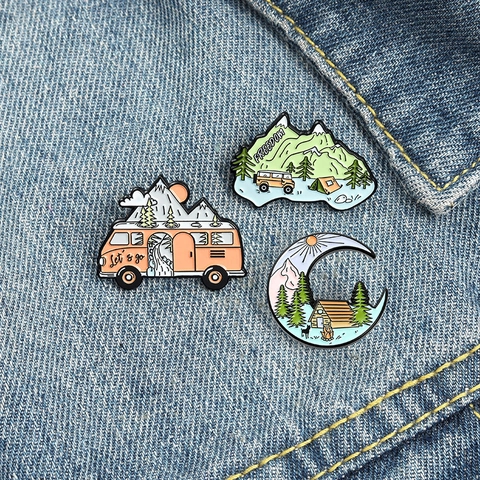 Outdoor Camping Emaille Pins Legierung Berg Wald Wohnmobil Mond Broschen Für Rucksack Jacke Reise Abenteuer Sortierte Pins