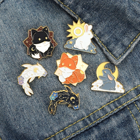 Cute Animal Enamel Brooch Cartoon Rabbit Koi Fish Galaxy Star Moon Sun Alloy Badge Electroplated Unisex Lapel Pin Jewelry