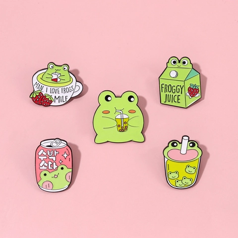 Cute Cartoon Frog Enamel Pin Metal Badge Bubble Tea Soda Bottle Coffee Cup Funny Animal Brooch For Backpack Women Men Jewelry