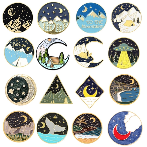 Ensemble de Broches Paysage en Alliage Émaillé Vintage Étoile Lune Montagne Vue Nocturne Pins Badge Aventure Nature Cadeau Bijoux pour Hommes Femmes