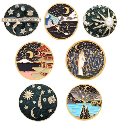Ensemble de Broches Paysage en Alliage Émaillé Vintage Étoile Lune Montagne Vue Nocturne Pins Badge Aventure Nature Cadeau Bijoux pour Hommes Femmes
