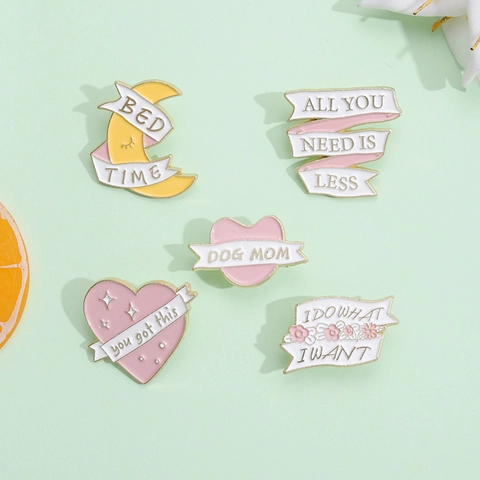 Motivational Enamel Pin Set Alloy Heart Moon White Ribbon Badge For Women Cartoon Slogan Cute Decorative Brooch Gift Jewelry