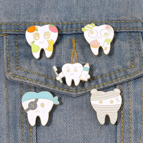 Creative Cartoon Tooth Enamel Brooch Pins Fruit Dessert Pirate Mummy Dentist Theme Alloy Badge For Medical Student Gift