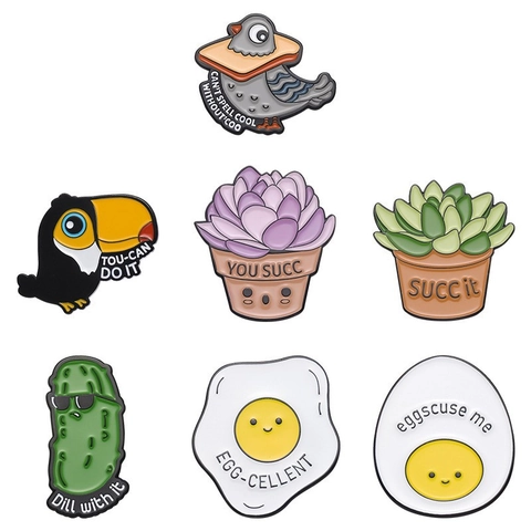 Creative Cartoon Enamel Brooch Set Funny Pigeon Toucan Succulent Pickle Egg Lapel Pins Alloy Painted Badge For Clothing Bags