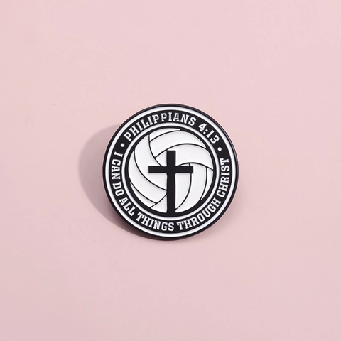 Volleyball Kreuz Bibel Vers Legierung Brosche Rund Emaille Abzeichen Philipper 4 13 Religiöse Sportliche Revers Pin Für Rucksack