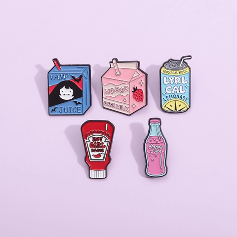 Cartoon Enamel Pin Alloy Brooch Creative Strawberry Milk Box Vamp Juice Hot Sauce Soda Bottle Badge Jewelry Gift