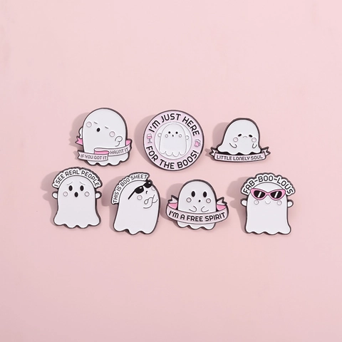 Cute Pink White Ghost Enamel Pin Cartoon Halloween Alloy Brooch Funny Spooky Ghost Badge For Bags Clothing Hat Accessories
