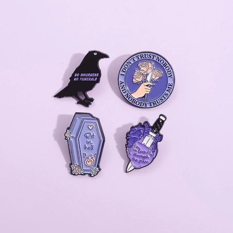 Gothic Purple Enamel Pins Crow Coffin Heart Dagger Alloy Badge Dark Quotes Halloween Personalized Brooches Jewelry For Backpack
