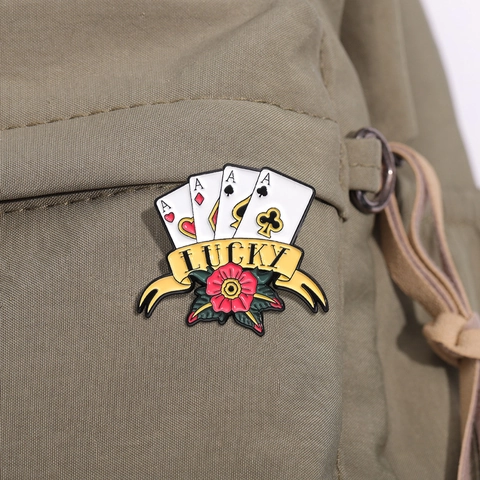 Vintage Lucky Poker Card Ace Enamel Brooch Zinc Alloy Red Rose Flower Ribbon Badge Pin For Clothes Bags Jewelry Gift