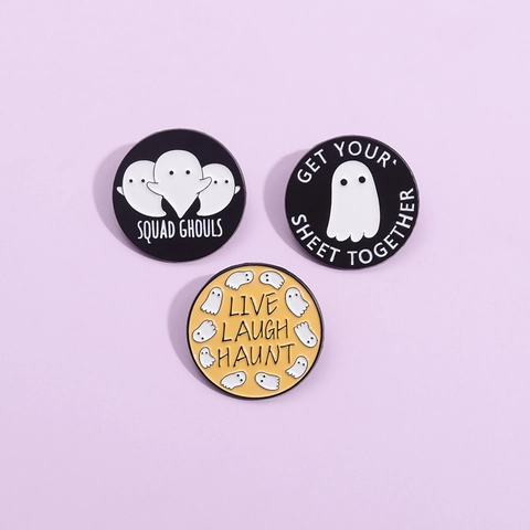 Pin's en Émail Fantôme d'Halloween Badge en Alliage Forme Ronde Dessin Animé pour Vêtements Sac à Dos Accessoires Cadeau Créatif