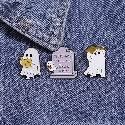 Süße Cartoon Geist Lesen Buch Emaille Pin Legierung Brosche Humorvoll Grabstein Zitat Revers Pin Geschenk Für Buchliebhaber