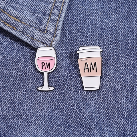 Legierung Emaille AM Kaffeetasse Und PM Weinglas Brosche Set Mode Minimalistisch Tropföl Reversnadel Abzeichen Schmuck Zubehör