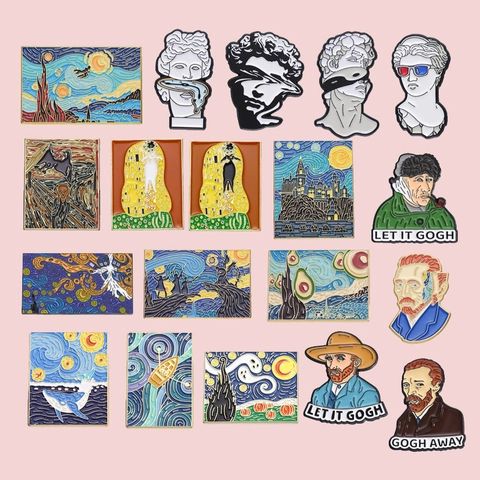 Creative Artistic Enamel Pin Van Gogh Starry Night Munch Scream Klimt Kiss Theme Alloy Painted Lapel Badge For Backpack Clothing