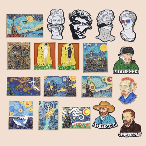Creative Artistic Enamel Pin Van Gogh Starry Night Munch Scream Klimt Kiss Theme Alloy Painted Lapel Badge For Backpack Clothing