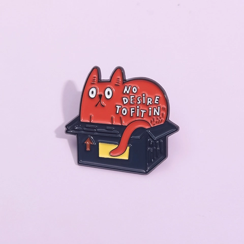 Cartoon Red Cat In Box Enamel Pin Badge No Desire To Fit In Creative Alloy Brooch Lapel Pin For Backpack Denim Jacket Decor Jewelry Gift