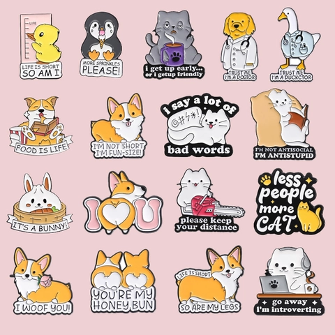 Tekenfilm Dier Legering Emaille Broche Pin Set Grappige Corgi Kat Eend Pinguïn Badge Met Humoristische Citaten Accessoire Voor Kleding Tas