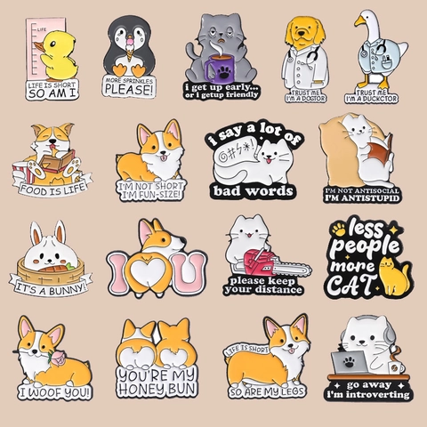 Tekenfilm Dier Legering Emaille Broche Pin Set Grappige Corgi Kat Eend Pinguïn Badge Met Humoristische Citaten Accessoire Voor Kleding Tas