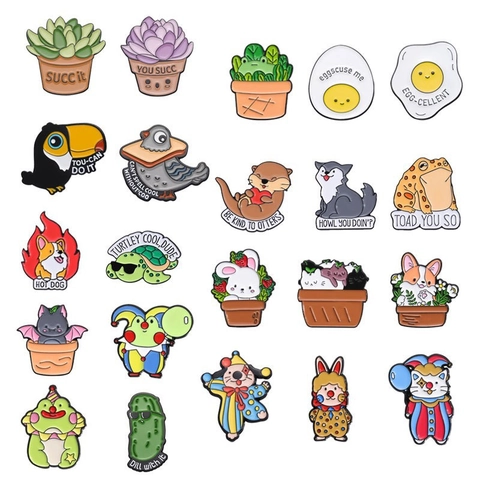 Ensemble De Broches En Alliage De Dessin Animé Émaillé Animaux Mignons Plantes Succulentes Nourriture Badge Drôle Pour Vêtements Sacs Chapeaux