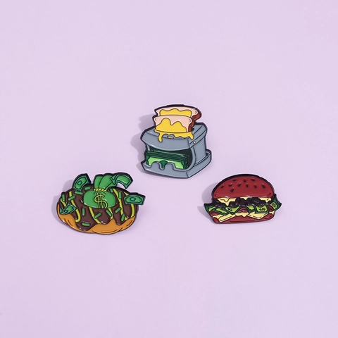 Épingle en Émail Nourriture Dessin Animé Créatif Alliage Burger Beignet Grille-pain Signe Dollar Broche Badge Bijoux de Mode Drôles Accessoire pour Vêtement Sac