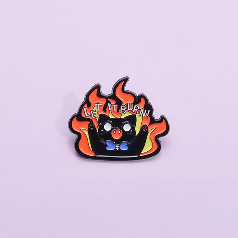 Épingle en Émail Chat Noir Flamme Humoristique Let It Burn Broche en Alliage Badge pour Sac à Dos Vêtements Accessoires Bijoux de Mode Cadeau