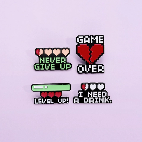 Pixel Art Game Over Level Up Enamel Brooch Pin Retro Game Heart Health Bar Alloy Badge For Backpack Clothes Accessory Pin
