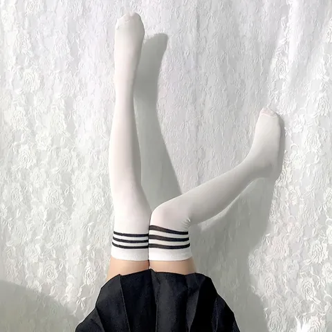 Women's Japanese JK Style Over The Knee Socks Triple Stripe Cotton Blend Thigh High Stockings White School Uniform Socks