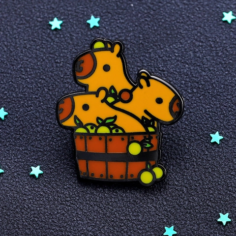 Cute Capybara Bathing Metal Enamel Brooch Kawaii Animal In Wood Tub Yuzu Badge Enamel Pin For Backpack Clothing Jewelry Accessory