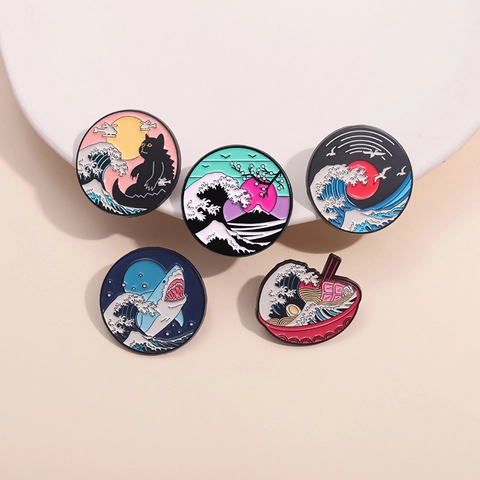 Creative Enamel Brooch Pins Japanese Hokusai Wave Style Cat Shark Ramen Fuji Mountain Badges Zinc Alloy Painted Lapel Pins For Clothing Backpacks Unisex Jewelry Gift