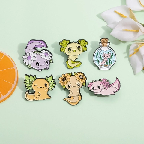 Süße Cartoon Axolotl Emaille Pin Legierung Salamander Brosche Tier Blume Abzeichen Zubehör Für Taschen Kleidung Dekorative Schmuck Geschenk