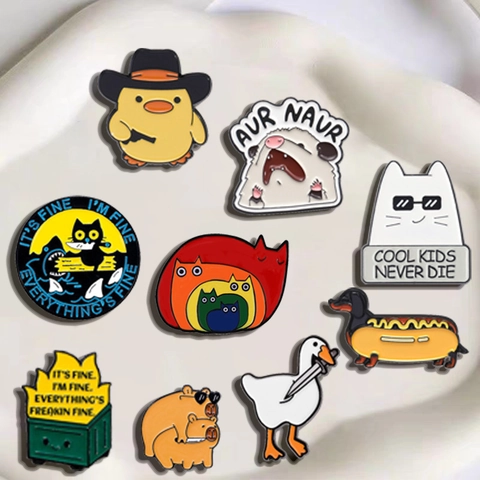 Lustige Cartoon Emaille Brosche Pins Für Kleidung Rucksack Katze Ente Gans Opossum Metall Abzeichen Schmuck Zubehör Dekoration