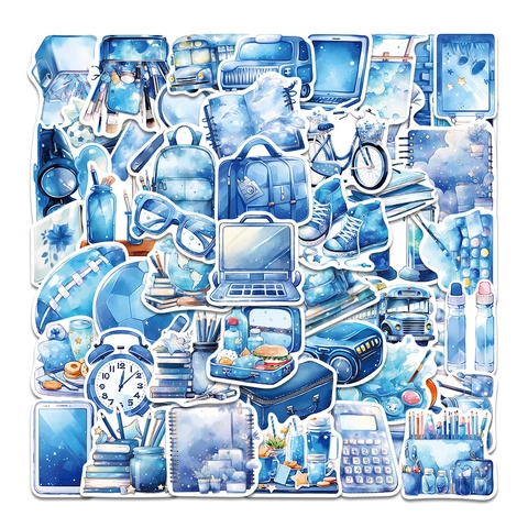 Autocollants Esthétiques Bleu Aquarelle Imperméables en PVC pour Ordinateur Portable Valise Scrapbooking Journal Décor