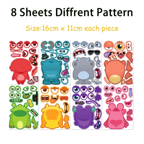 Monster Puzzle Gesicht Machen Sticker Für Kinder DIY Cartoon Graffiti Dekorative PVC Matte Pädagogische Spielzeug Aufkleber Für Jungen Mädchen