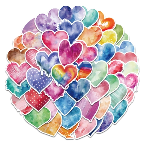 Multicolor Watercolor Heart Shape Stickers Waterproof PVC Decals For Laptop Phone Luggage Scrapbooking Valentine Decoration