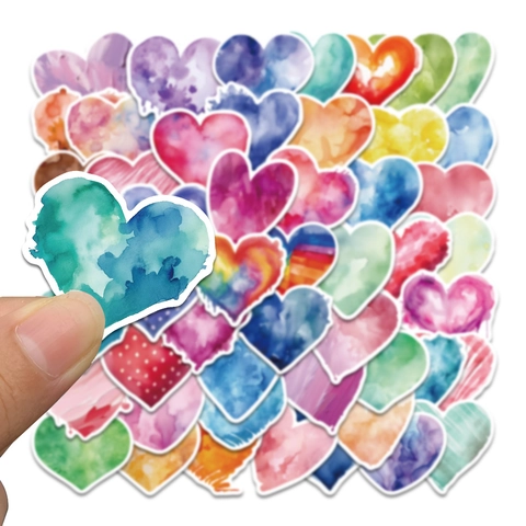 Multicolor Watercolor Heart Shape Stickers Waterproof PVC Decals For Laptop Phone Luggage Scrapbooking Valentine Decoration