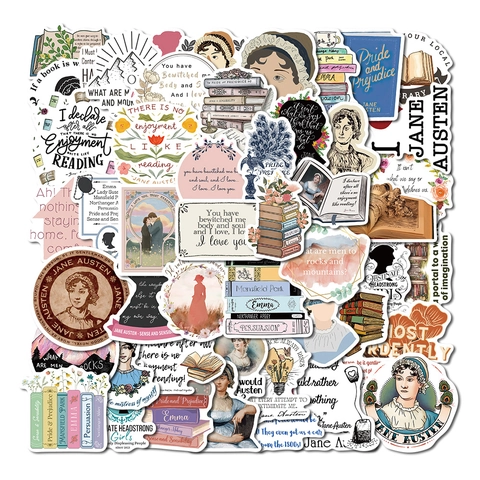 Adesivi Graffiti a Tema Letterario Jane Austen Decalcomanie in PVC Impermeabili Retrò per Laptop Valigia Custodia Telefono Diario