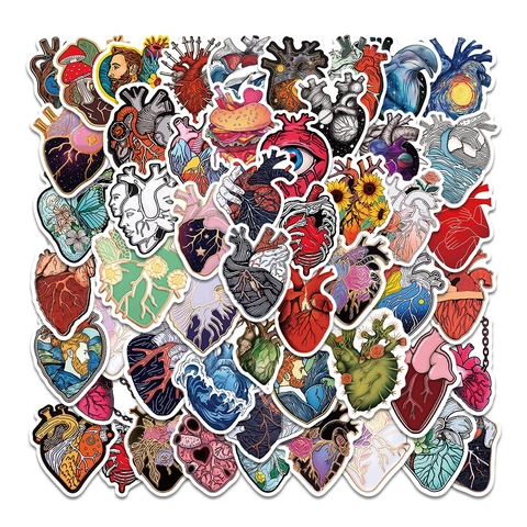 50Pcs Creative Anatomical Heart Waterproof Graffiti Stickers Artistic PVC Decals For Laptop Skateboard Helmet Luggage DIY Decor