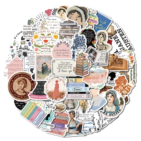 Adesivi Graffiti a Tema Letterario Jane Austen Decalcomanie in PVC Impermeabili Retrò per Laptop Valigia Custodia Telefono Diario