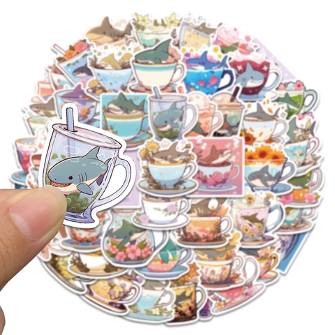 Cute Cartoon Shark Cup Stickers Waterproof PVC Matte Decals For Water Bottle Laptop Phone Case DIY Scrapbooking Journaling Decoration Kids Gift