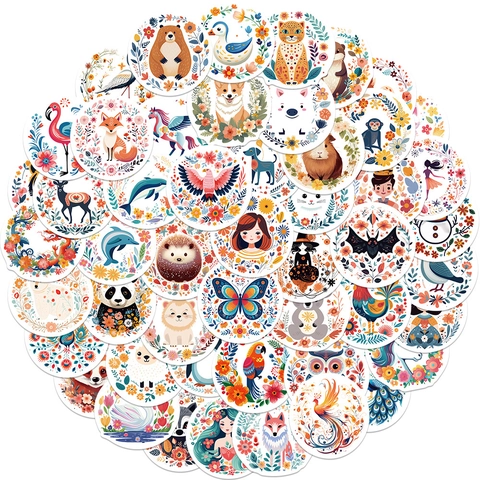 Cute Cartoon Animal Flower Wreath PVC Waterproof Stickers For Water Bottle Laptop Phone Case Scrapbook DIY Decoration