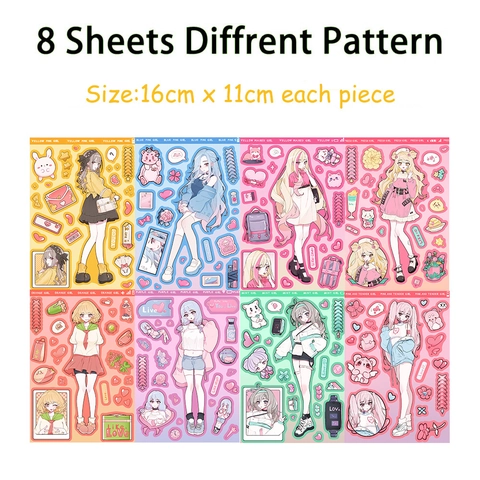 Pegatinas DIY de Chica de Anime de Dibujos Animados Impermeables PVC Estética Material para Diario para Funda de Teléfono
