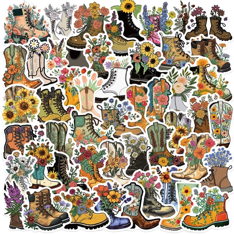 Retro Floral Boots Stickers Waterproof PVC Matte Decals For Laptop Suitcase Helmet Vintage Hand Drawn Flower Botanical Stickers
