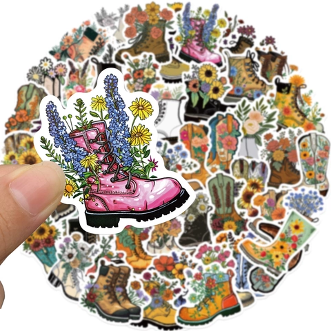 Retro Floral Boots Stickers Waterproof PVC Matte Decals For Laptop Suitcase Helmet Vintage Hand Drawn Flower Botanical Stickers