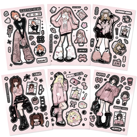 Originali Adesivi Fai da Te Cartoon Girl Sweet Cool Rosa Nero Y2K Adesivi per Scrapbooking Custodia per Telefono Decorazione