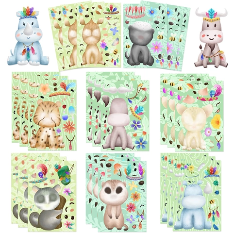 Cartoon Dier DIY Stickers Voor Vroegschoolse Educatie Kinderen PVC Mat Waterdicht Puzzel Collage Stickers Oerwouddieren Voor Handboeken