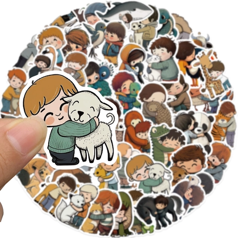 Cartoon Kid And Animal Hugging Stickers Waterproof PVC Decals For Laptop Helmet Phone Case Water Bottle Decorative Stickers