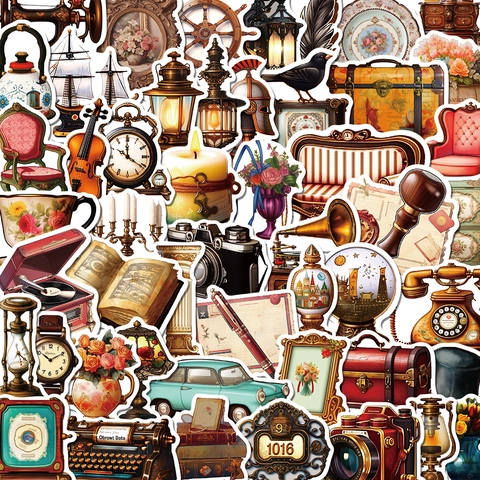 Vintage Retro Antique Object PVC Waterproof Stickers For Laptop Guitar Luggage Water Bottle Scrapbook DIY Decals